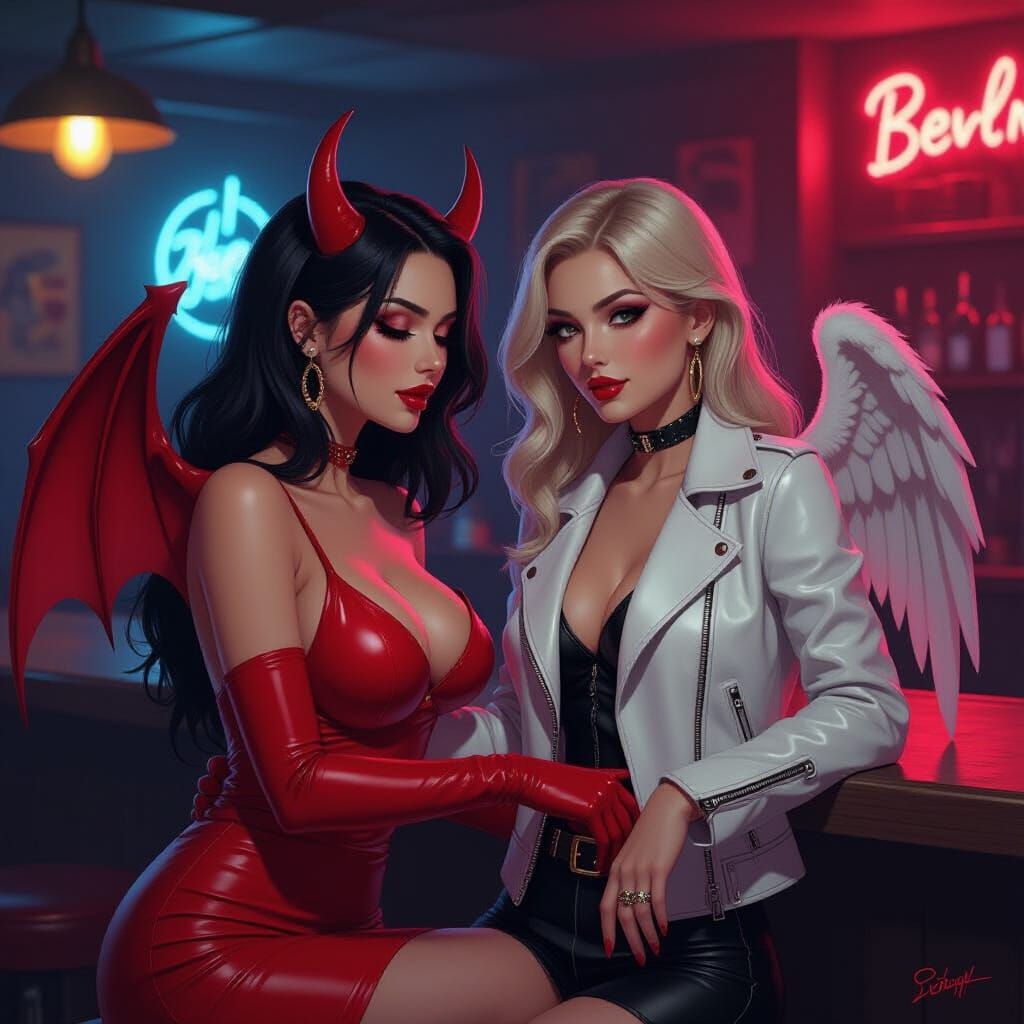 Devil Seduces Angel in Neon Noir Style