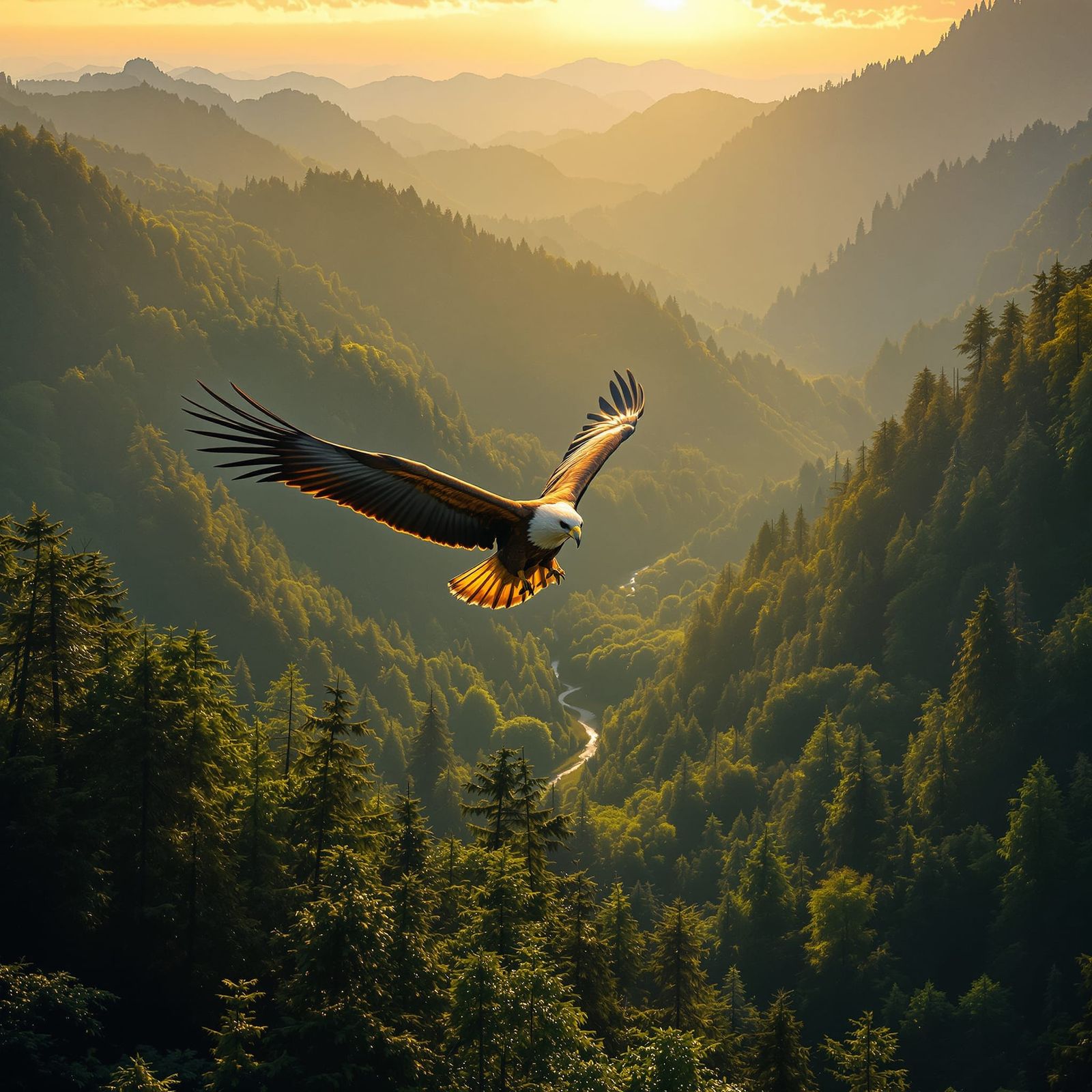Majestic Martial Eagle Soaring Over Verdant Valley