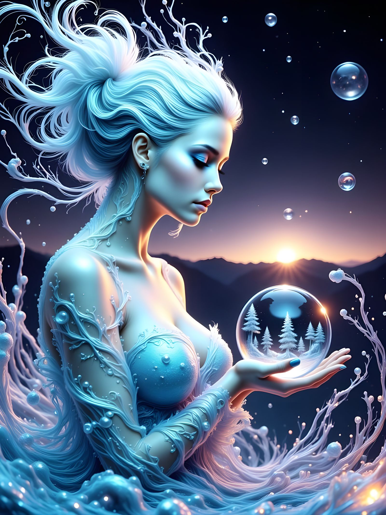 Ethereal Water Sprite Holds Landscape Sphere in Hyperrealism