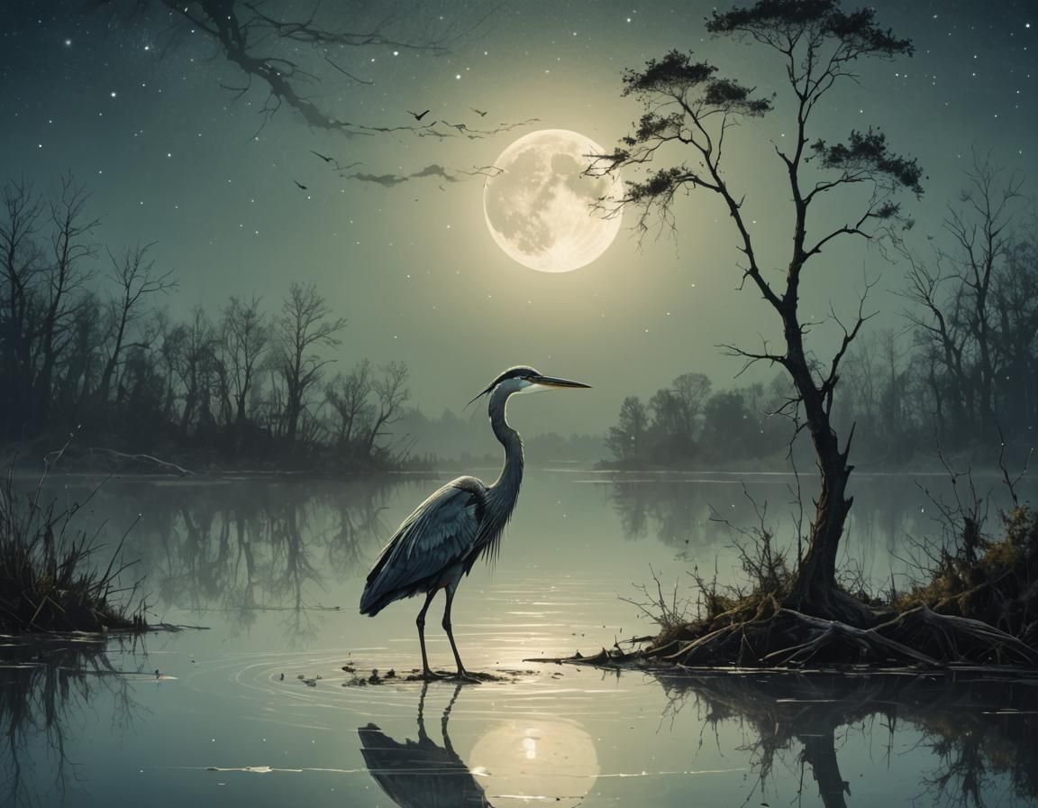 Heron Silhouette Under Starry Moonlit Sky
