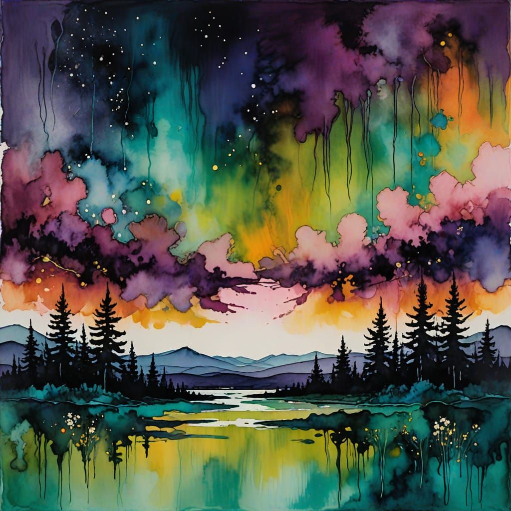 Ethereal Cosmic Meadow with Vibrant Aurora Borealis