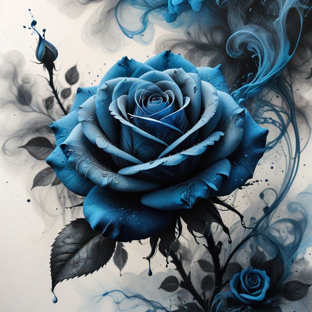 Ink Rose Drawing With Blue Smoke Accents