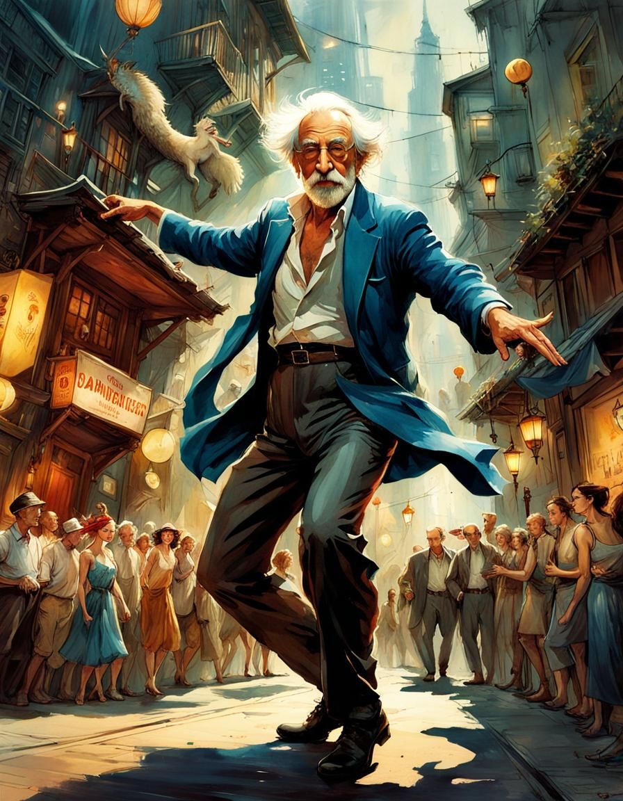 Urban Grandpa's Dance: A DreamWorks-Style Watercolor