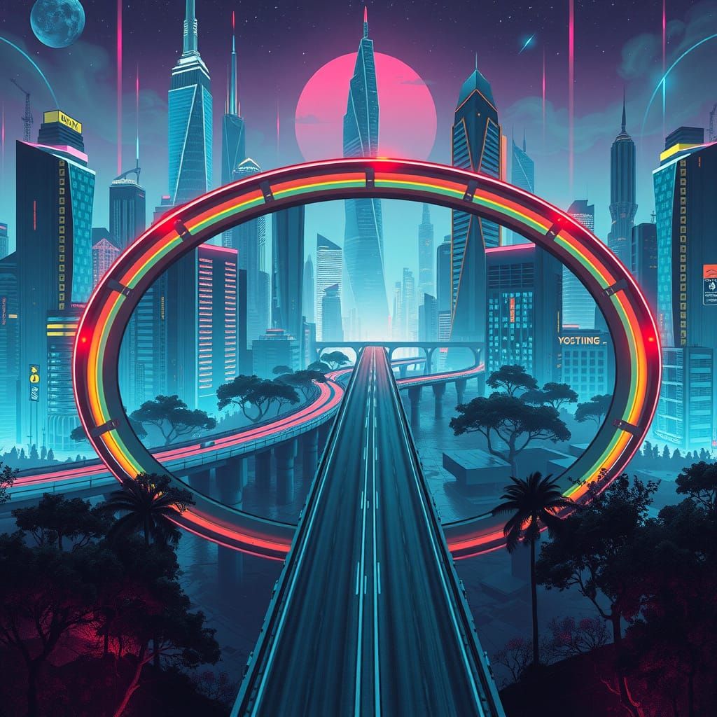 Futuristic Highway in Eight Shape Over Dystopian City