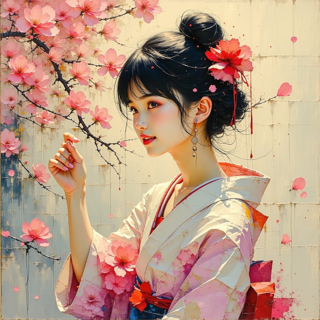 Japanese Woman in Kimono Surrounded by Cherry Blossoms