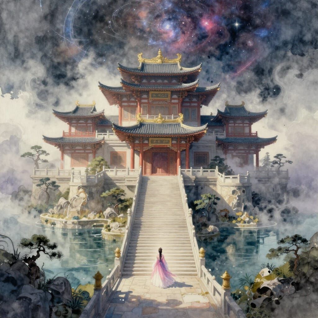 Cosmic East Asian Mansion in Watercolor Fog