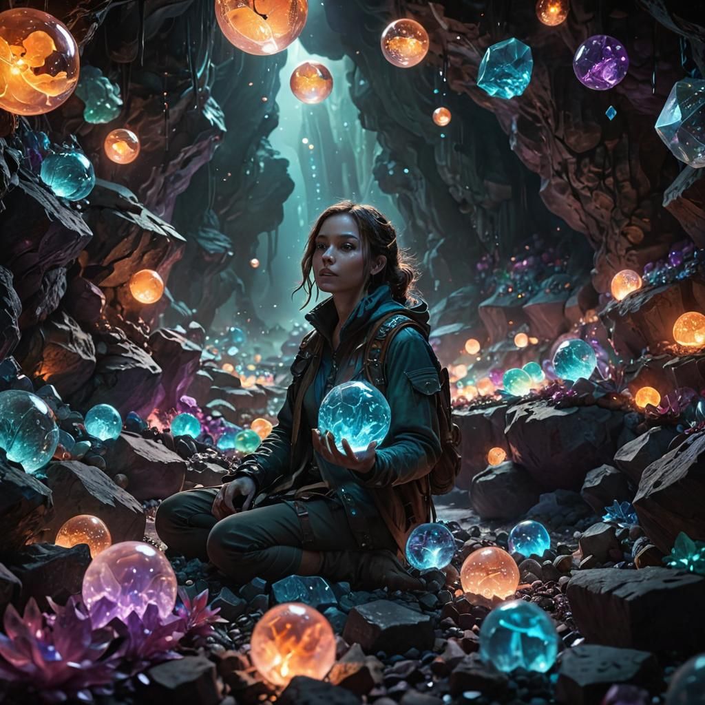 Adventurer in Crystalline Cavern: 3D Digital Art