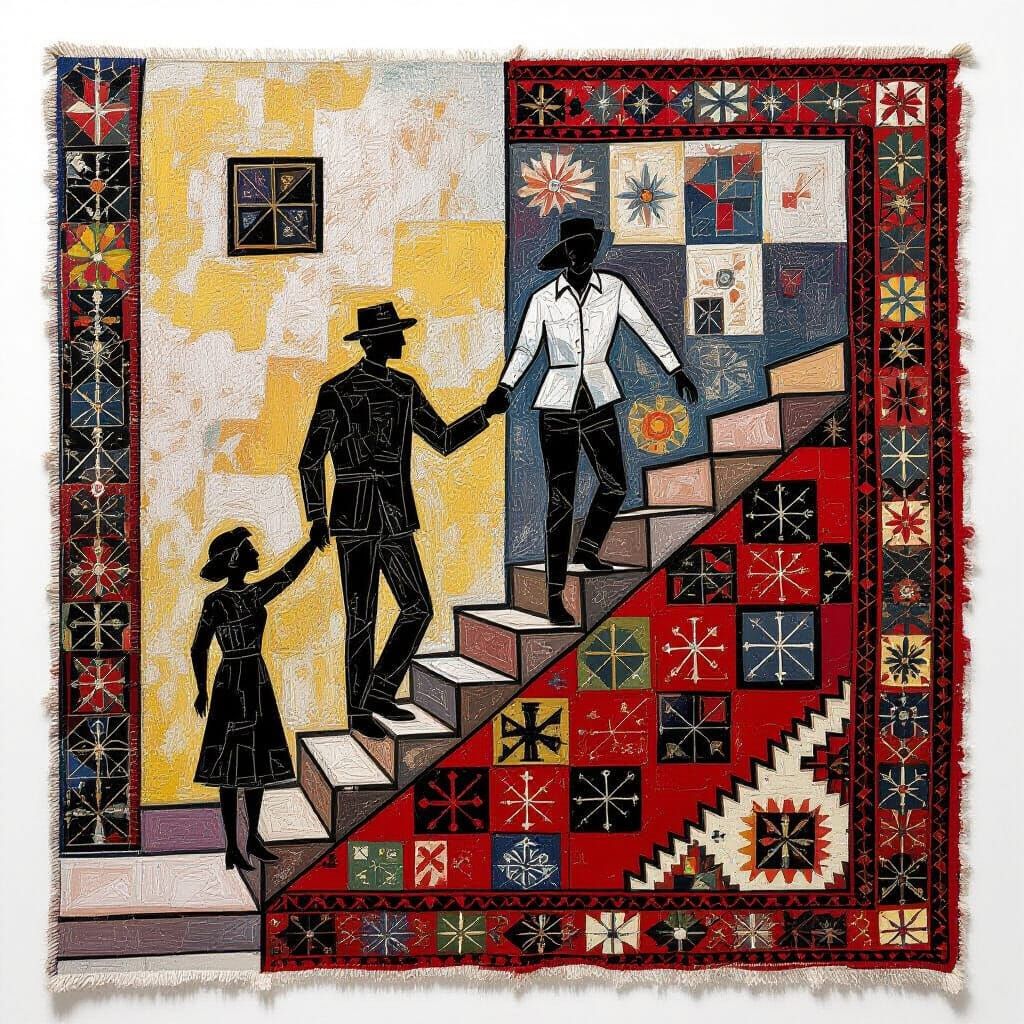 Surrealist Figures Ascend in Dreamlike Arcade