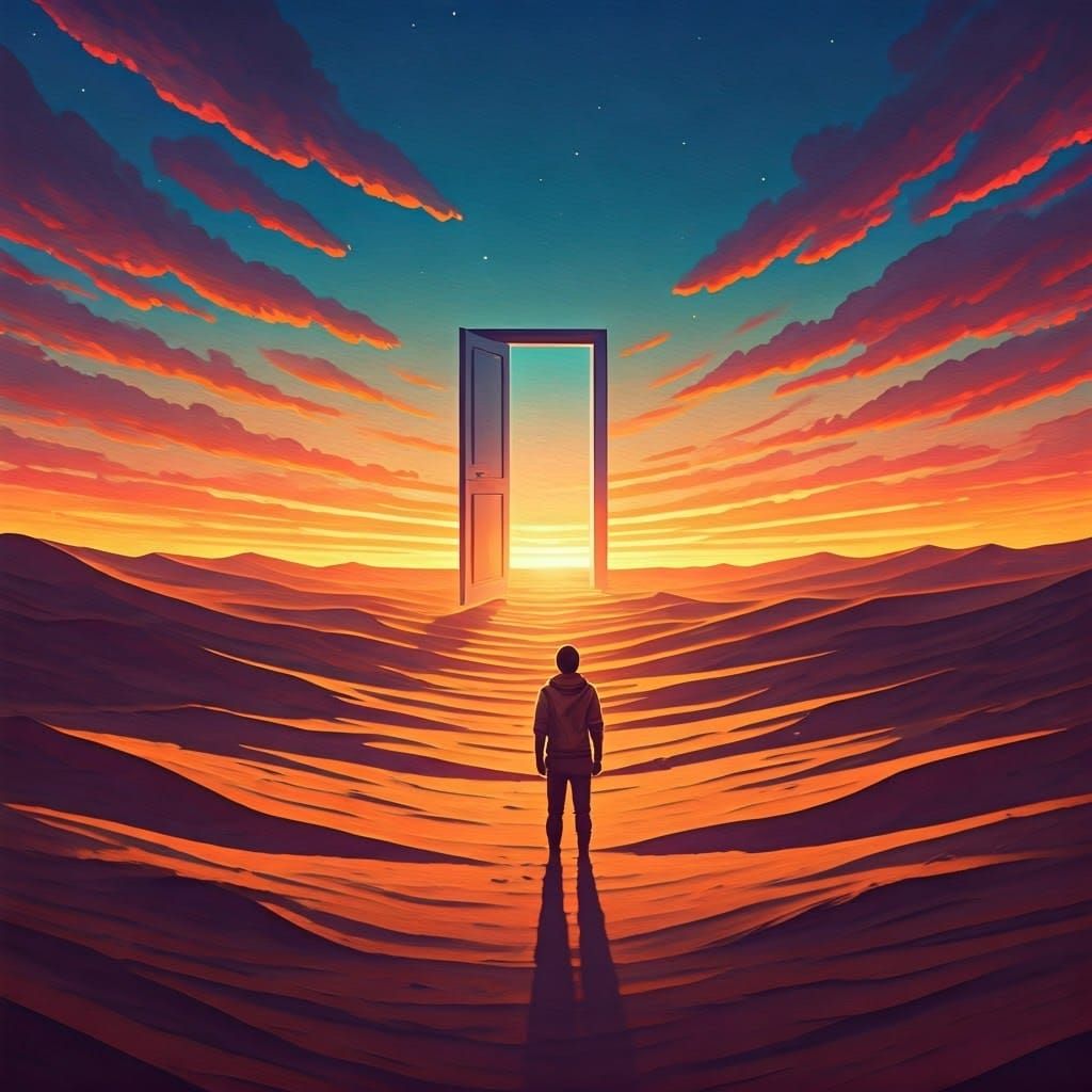 Desert Sunset with Open Portal, Syd Mead Style