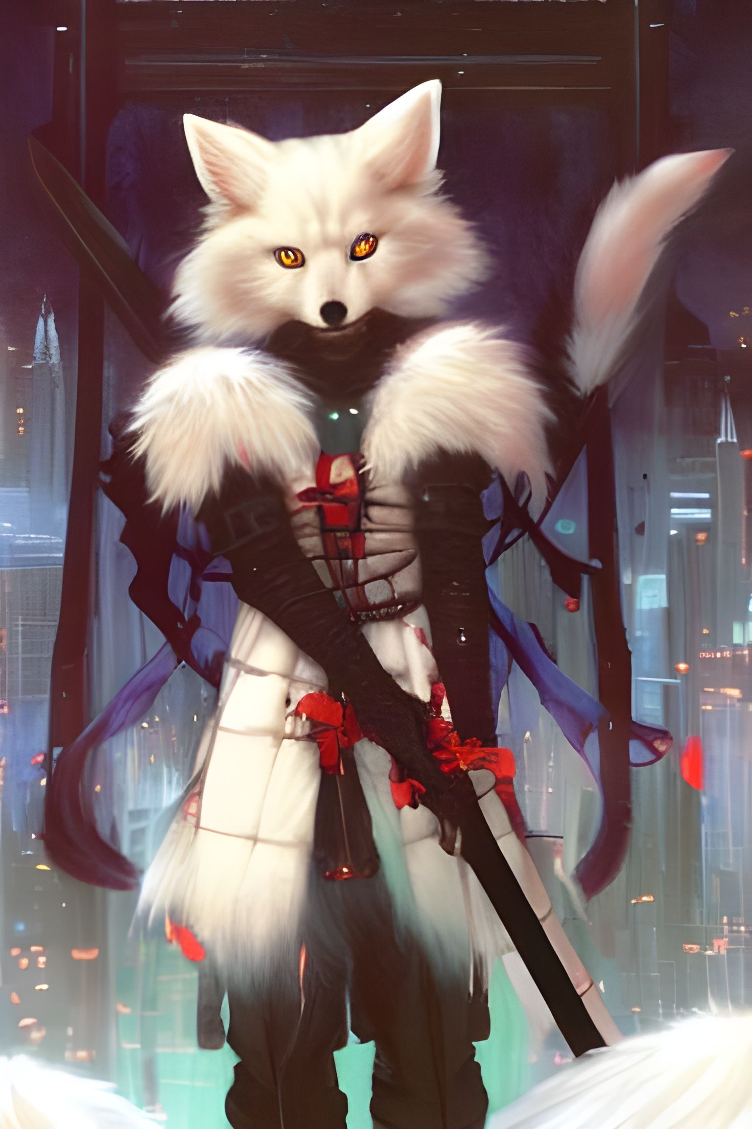 Like a ghost - Detailed Portrait of a cute possessive evil kitsune warrior with fluffy white fur and big glowing blue ey...