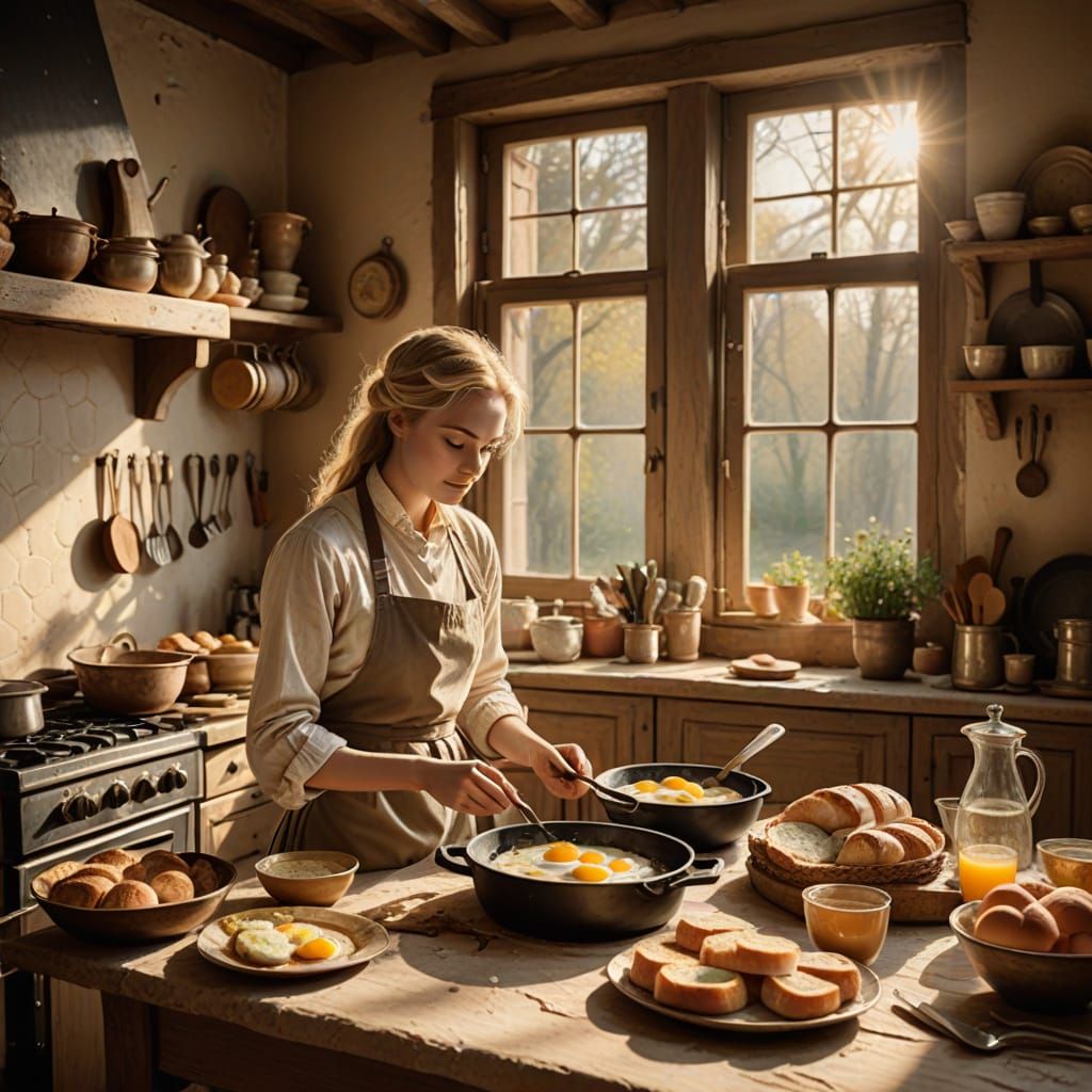 Warm 18th Century Breakfast Scene in Soft Impressionist Styl...