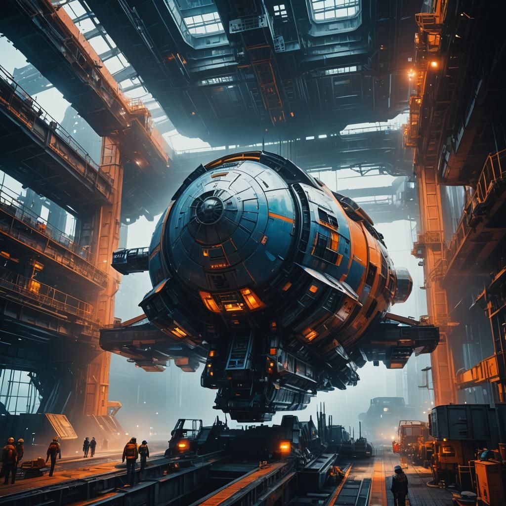 Futuristic Spaceship Under Construction in Orbit