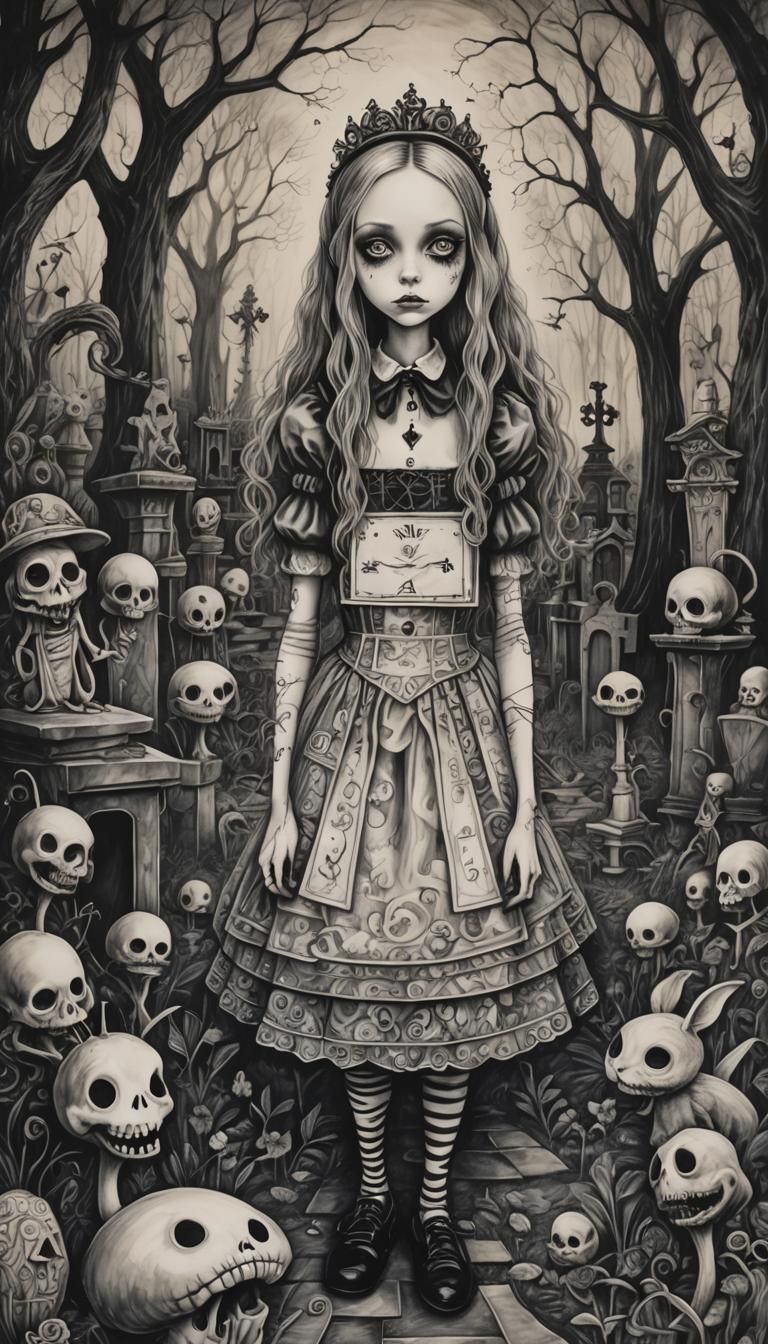 Alice in Wonderland Gothic Art in Graveyard