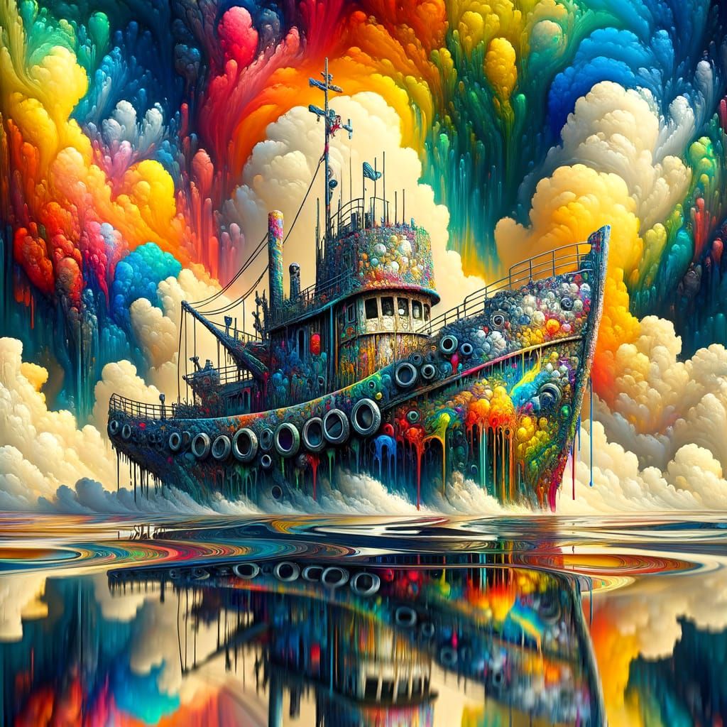 Post-Apocalyptic Fishing Boat in Surreal Style