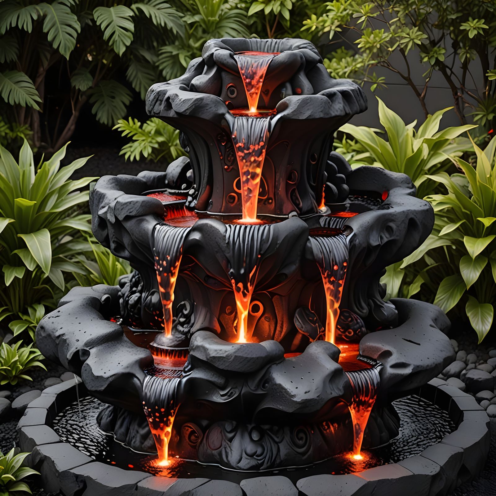 Ornate Basalt Fountain Sprays Glowing Lava