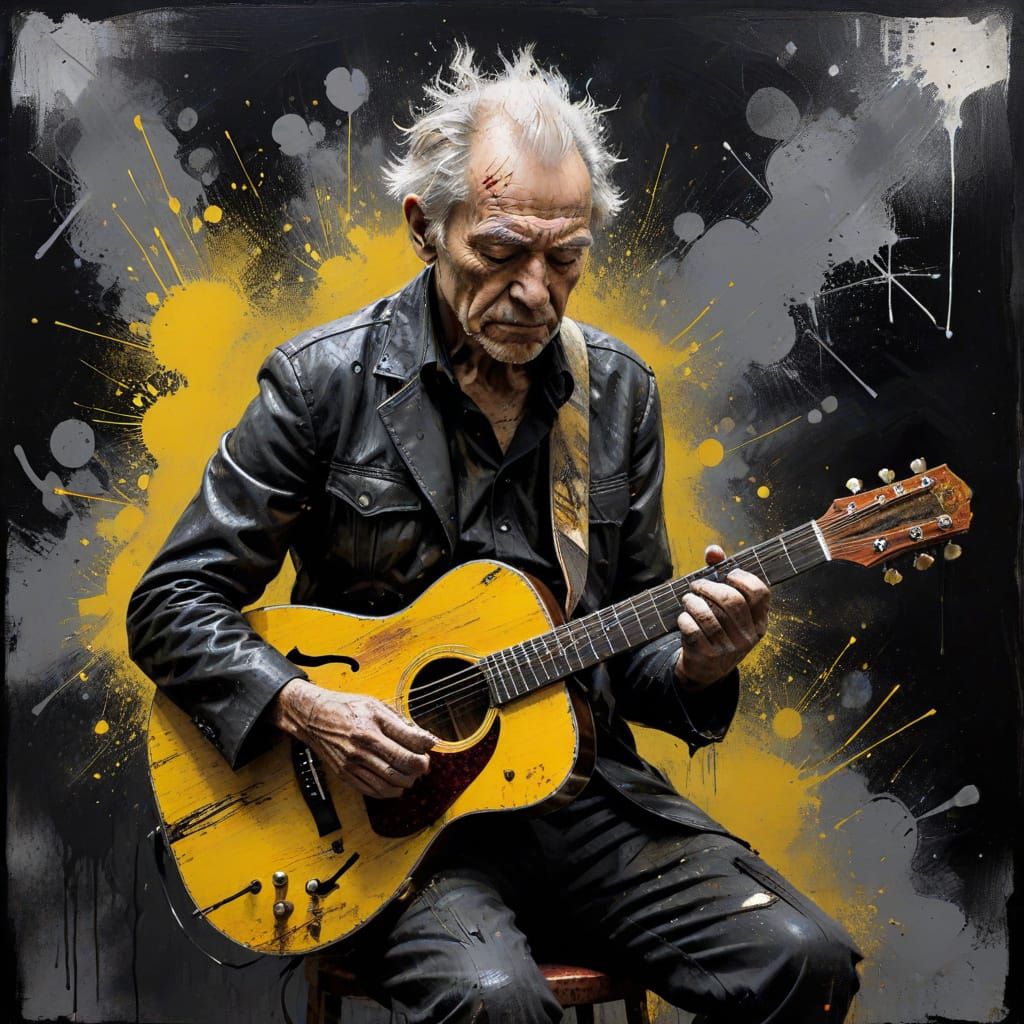 Grayscale Guitarist Painting with Vivid Color Accents