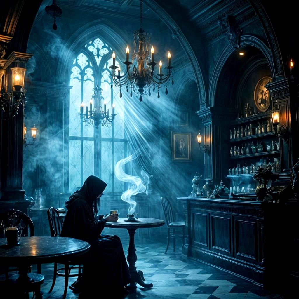 Gothic Coffeehouse with Ghostly Steam in Eerie Glow