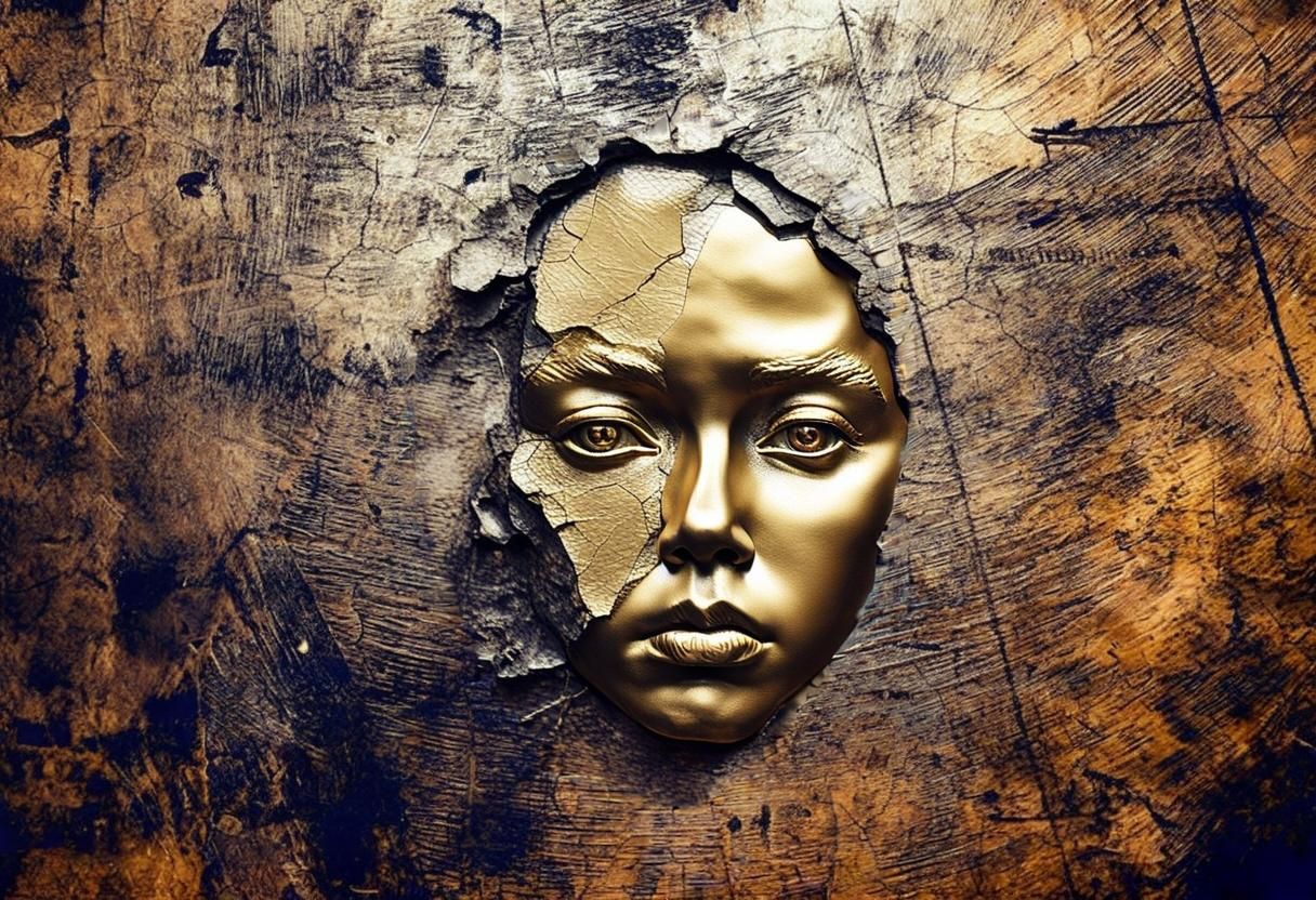 Golden Bas-Relief Portrait from Cracked Wall