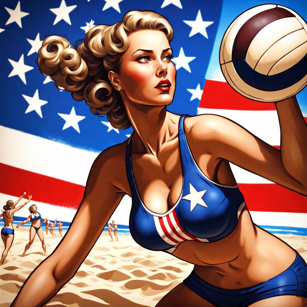 Patriotic Volleyball Player in Pinup Style