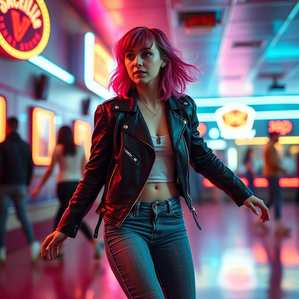 Cinematic Roller Skating Scene with Pink-Haired Woman