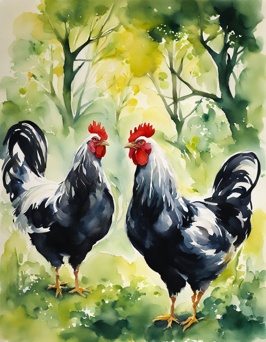 Dancing Hens in a Whimsical Garden Watercolor