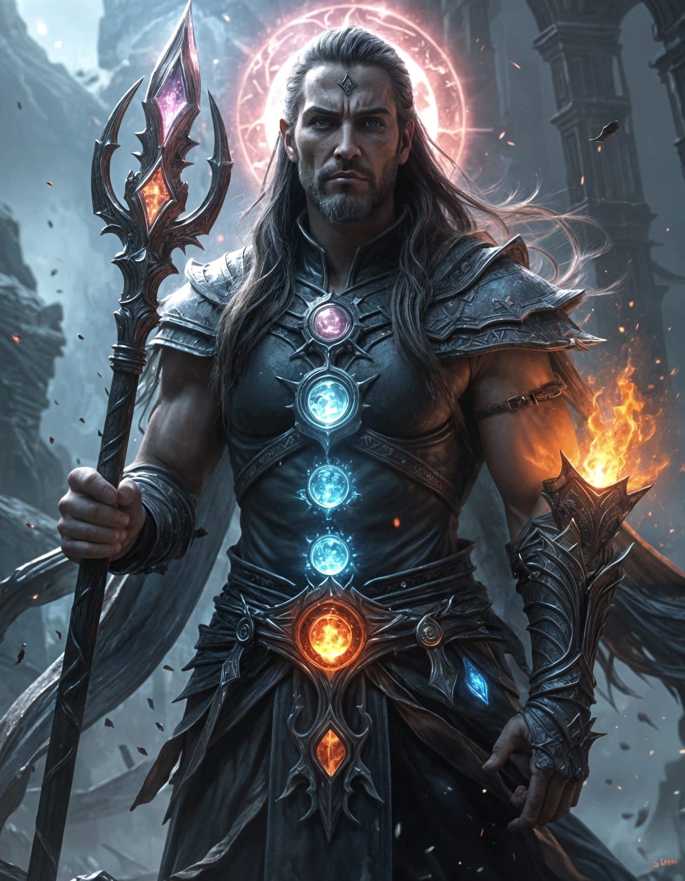 Realistic Warrior-Mage with Radiant Chakra Tattoos and Cryst...