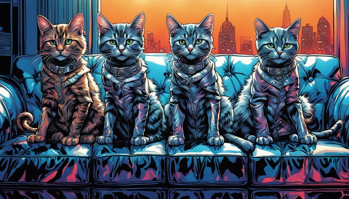 Liquid Metal Kittens on Luxury Couch in Crystalpunk Style