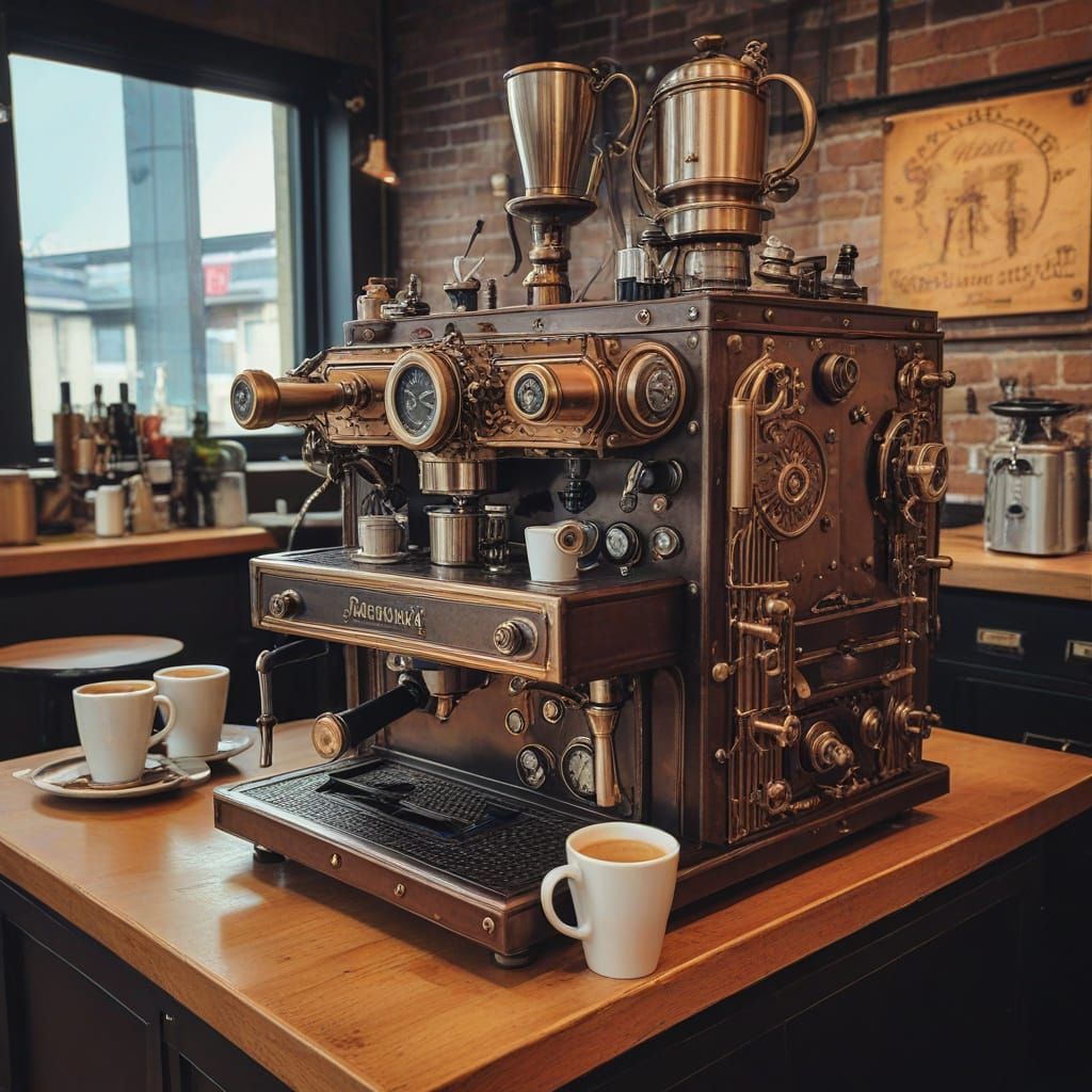 Steampunk Barista Making Coffee on Machine