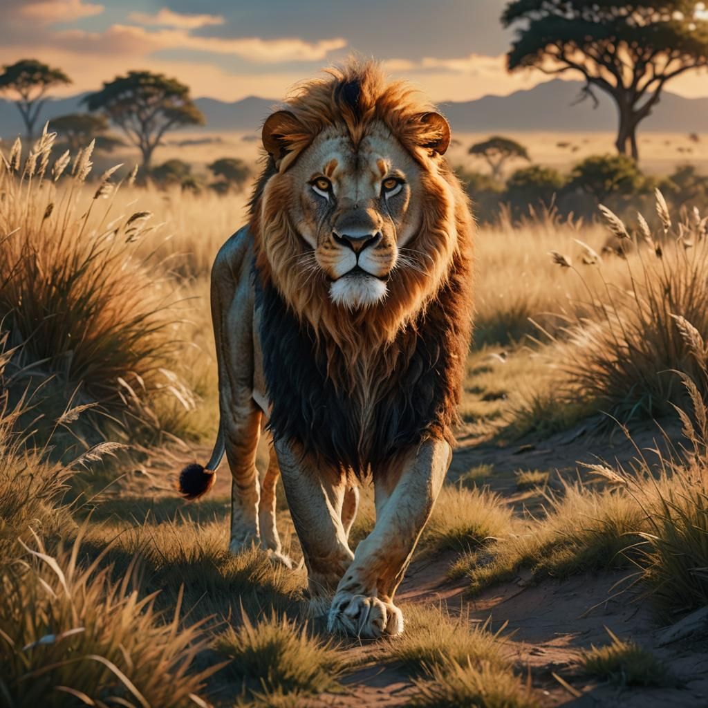 Lion Pride Walks Savannah in Golden Light