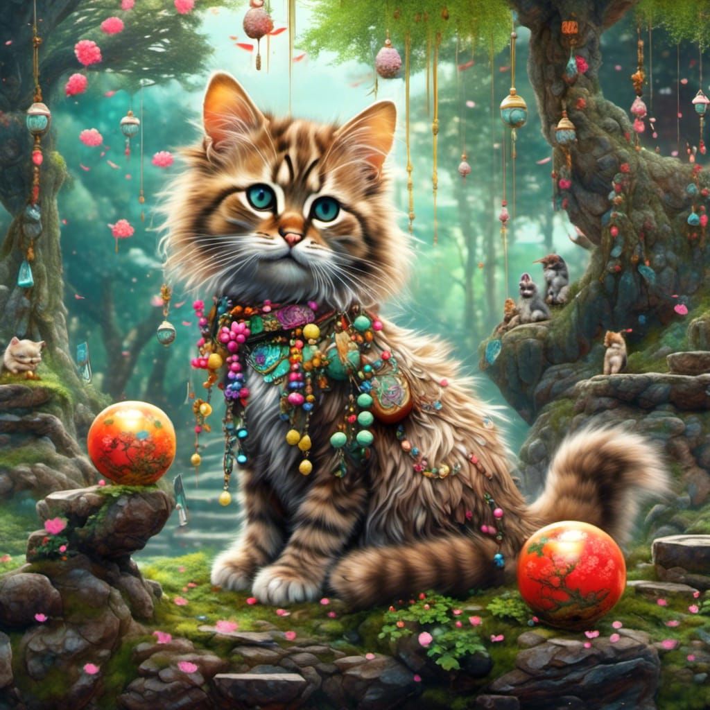 Sweet Cat in Bonsai Forest, Asian Style