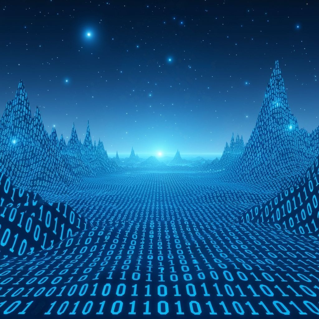 Surreal Binary Landscape at Night in Electric Blue