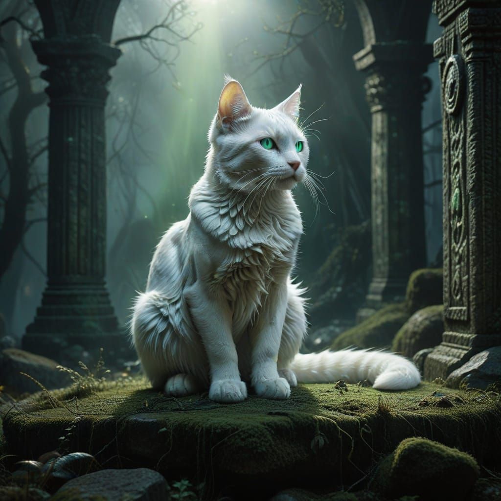 Mysterious White Cat on Ancient Altar in Misty Forest