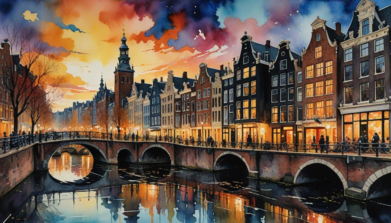 Vibrant Amsterdam Cityscape in Dynamic Art Nouveau Style
