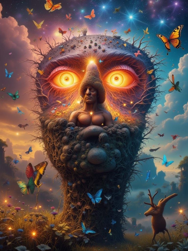 Man Mutation with Peacock and Fractal Face in Dreamscape