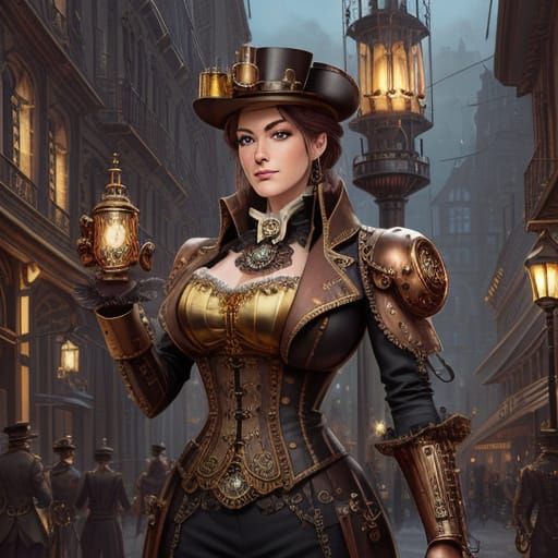 Steampunk Automaton in Gaslit Victorian Square