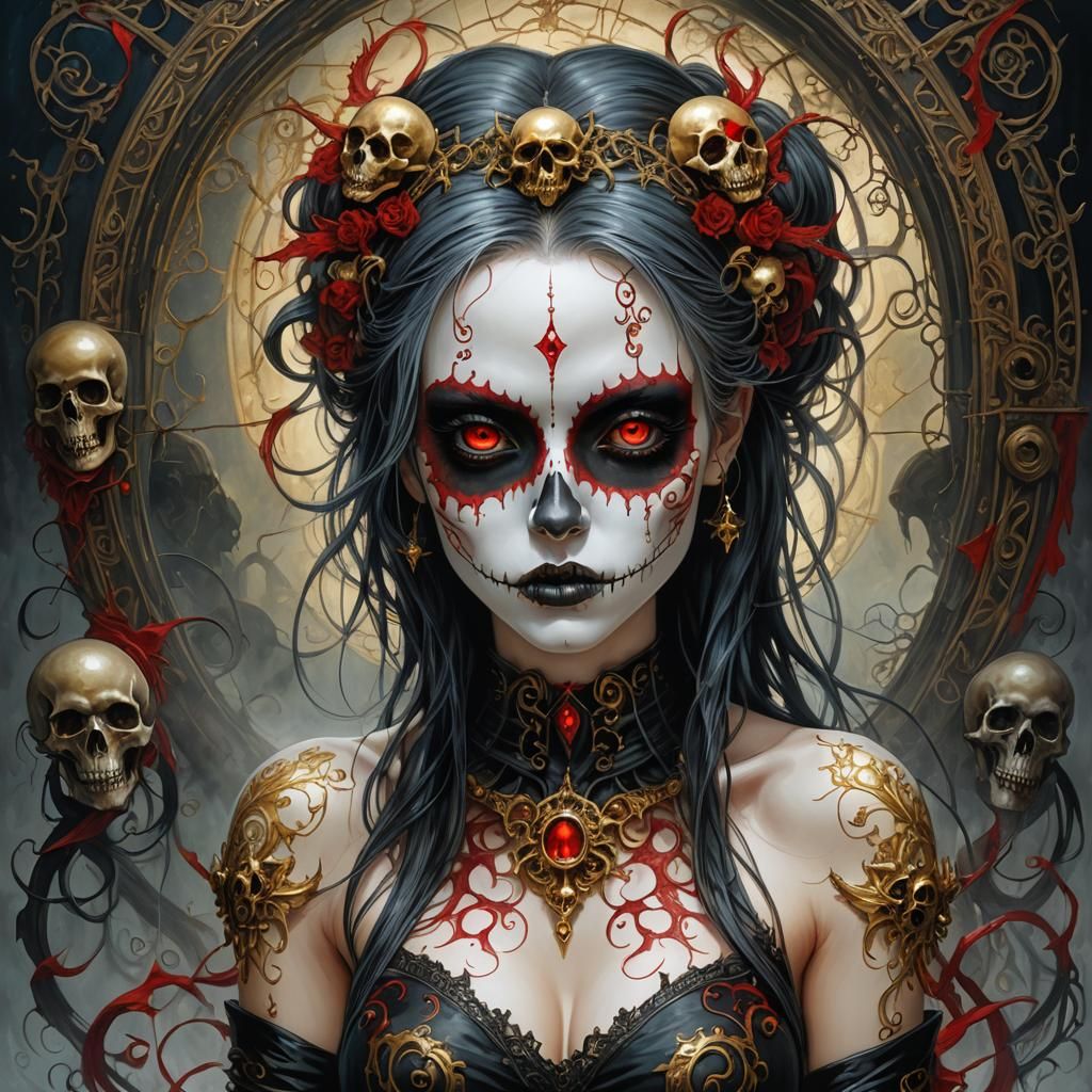 Goth Punk Girl with Bioluminescent Skull, Fantasy Art