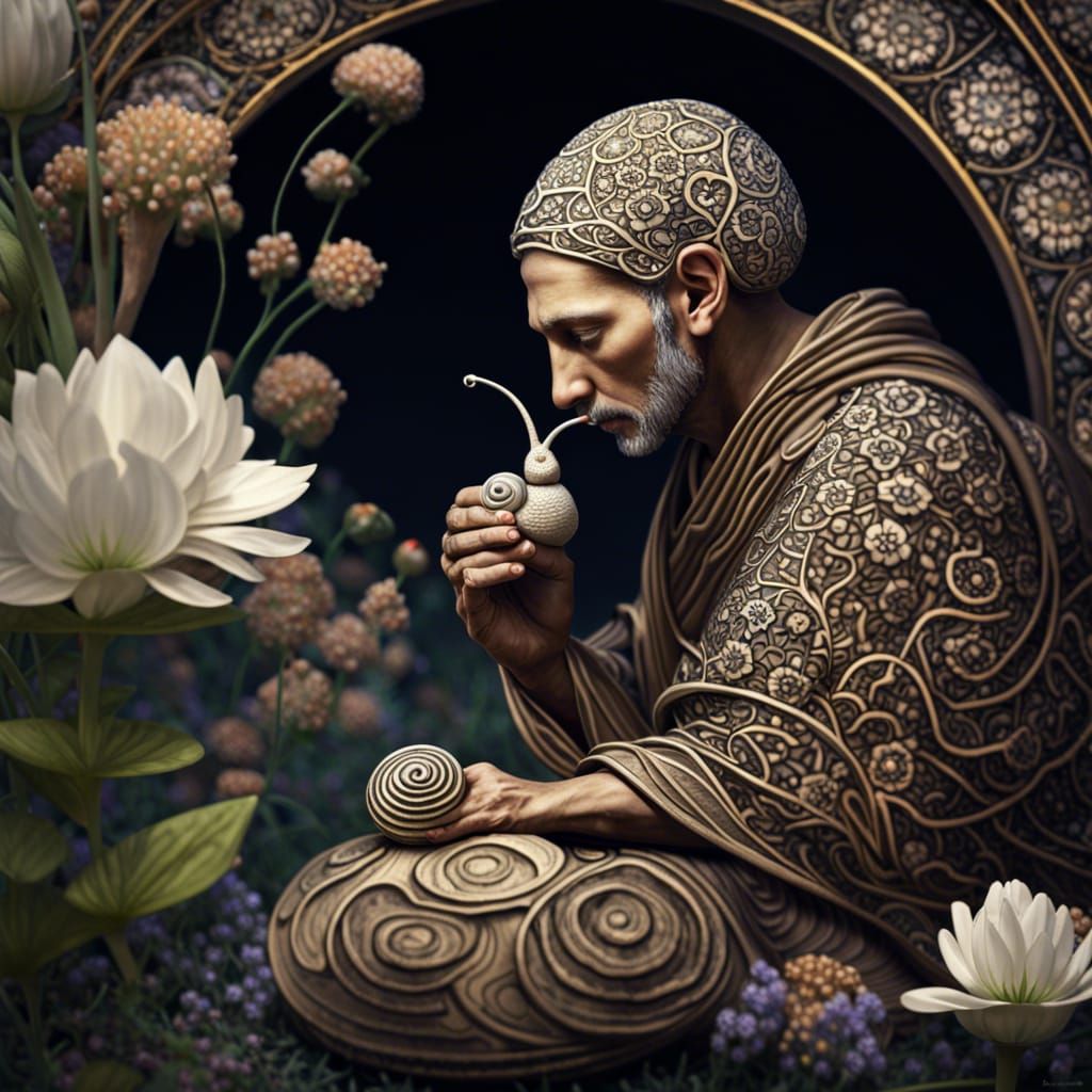 Meditative Snail with Flowers in Art Nouveau Style