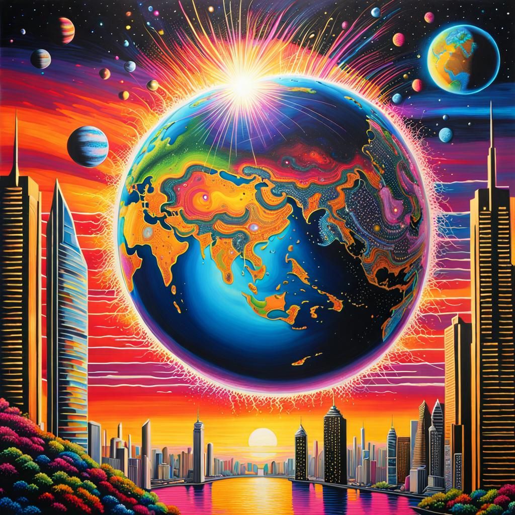 Earth's Sparkling Cities from the Moon in Synthwave Style