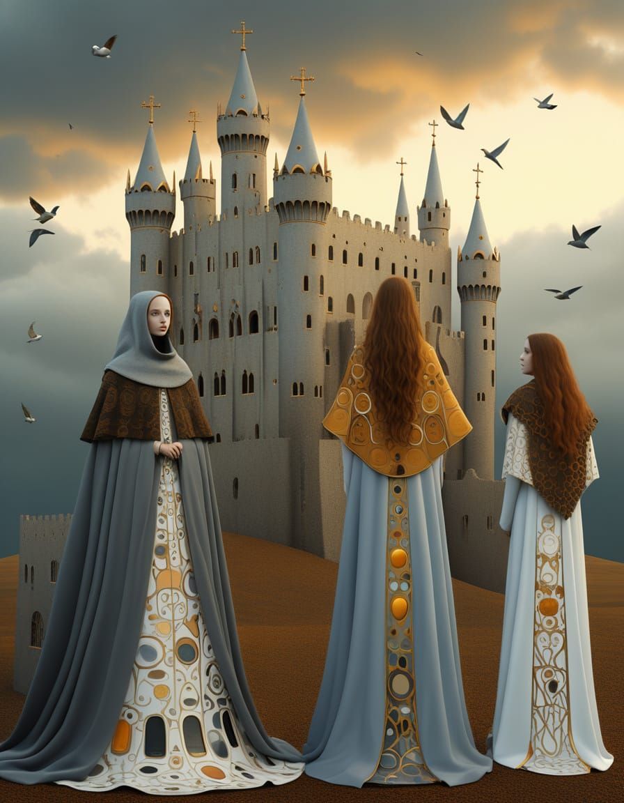 Surreal Medieval Tower Women in Golden Hour Light