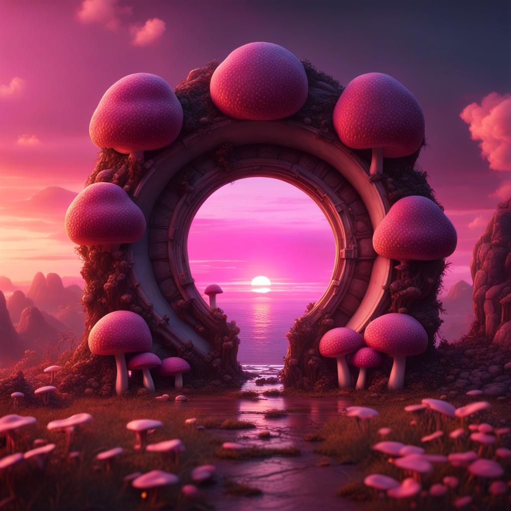 Mushroom Portal with Pink Sunset: Fantasy Concept Art