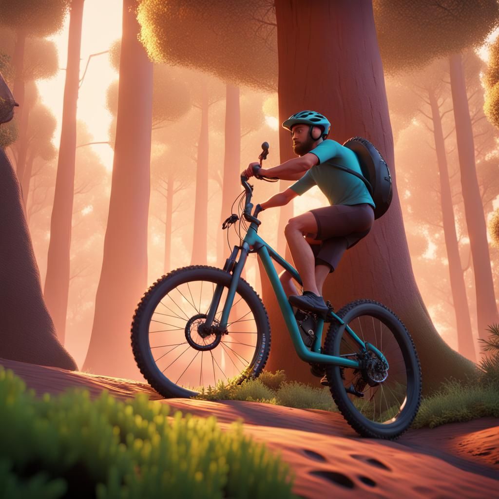 Mountain Biker Among Giant Trees in 3D Style