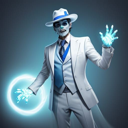 Elegant Zombie in White Suit Performing Supernatural Dance