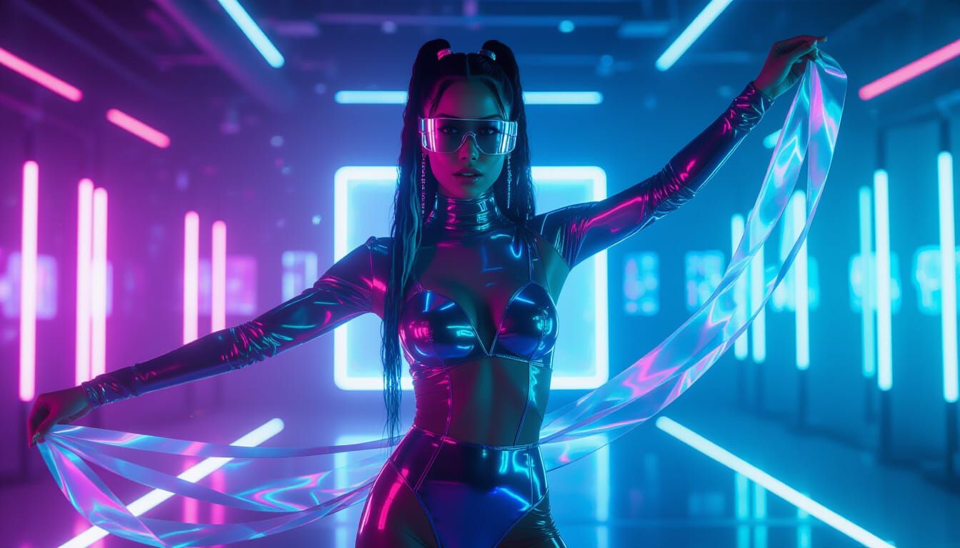 Amira in Neon Studio with Holographic Bodysuit