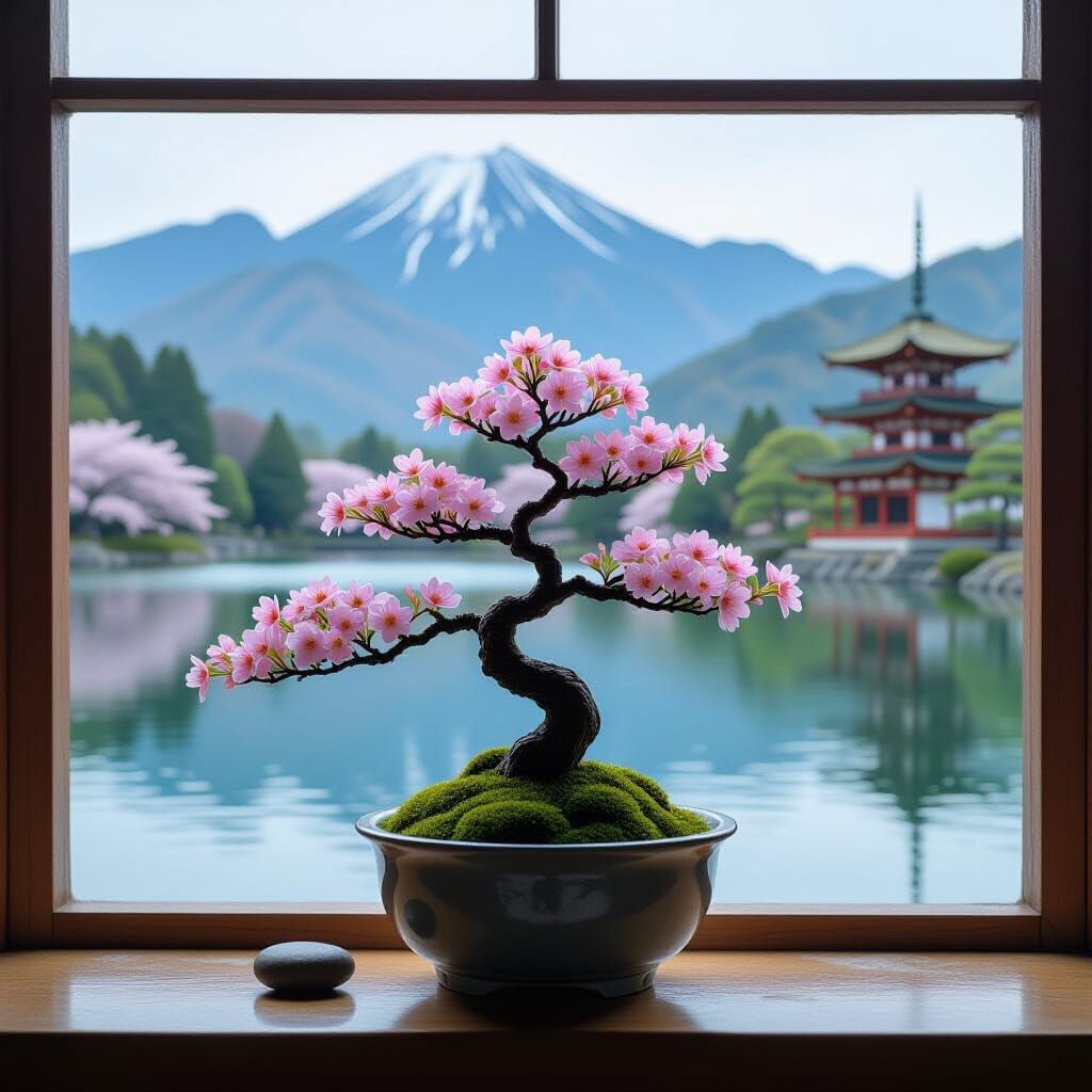 Miniature Sakura Tree Overlooking Japanese Landscape