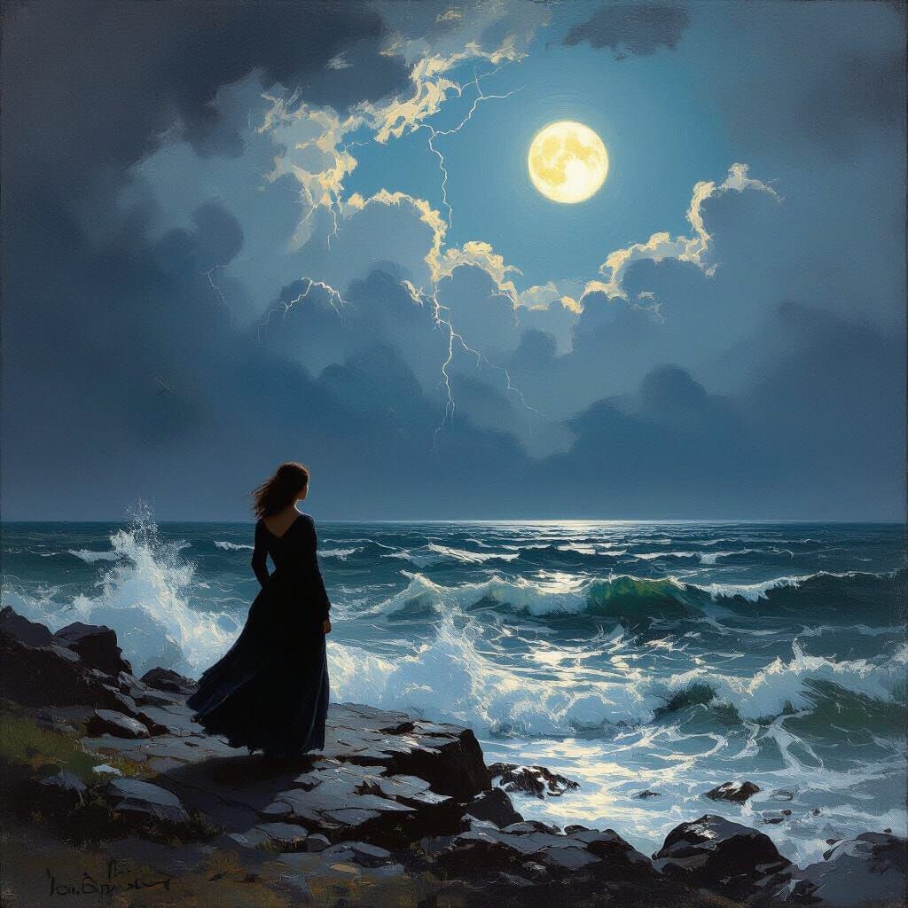 Dramatic Coastline at Night in Romantic Style