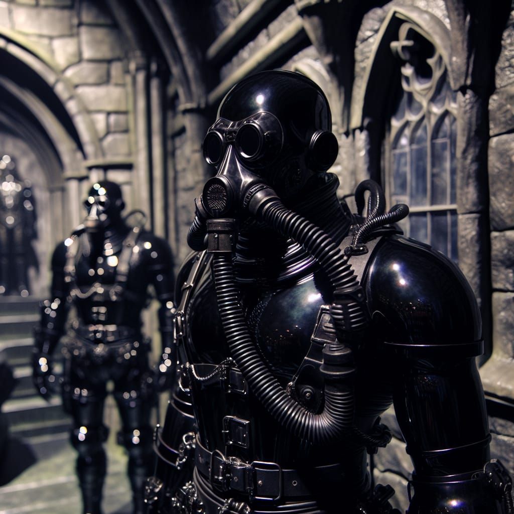 Gothic Dungeon with Glossy Rubber Robot Guardians