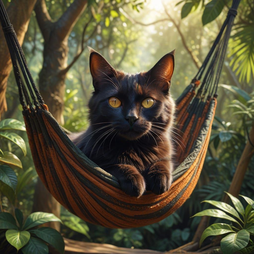 Surreal Cat Relaxing in Hammock in Lush Jungle
