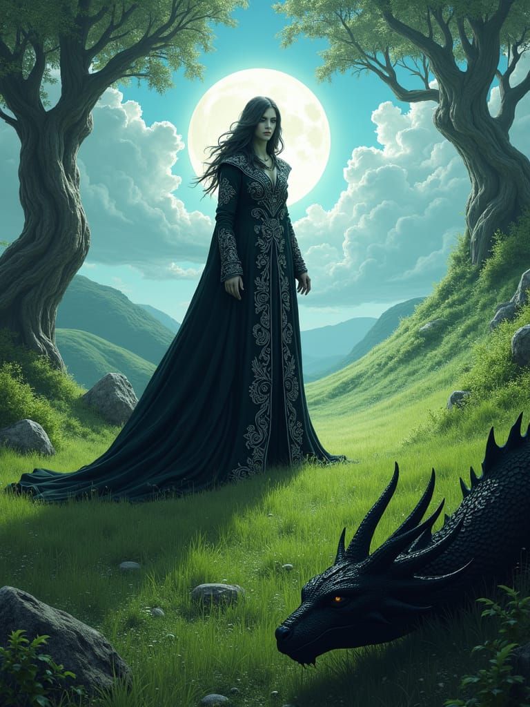 Mystical Witch and Dragon in Lush Landscape