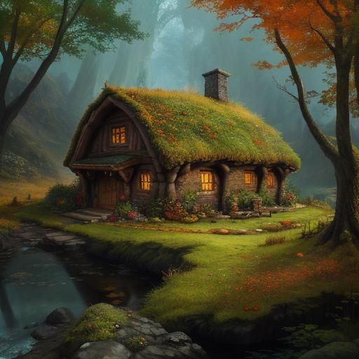 Hyperrealistic Hobbit Home in Autumn Splash Art