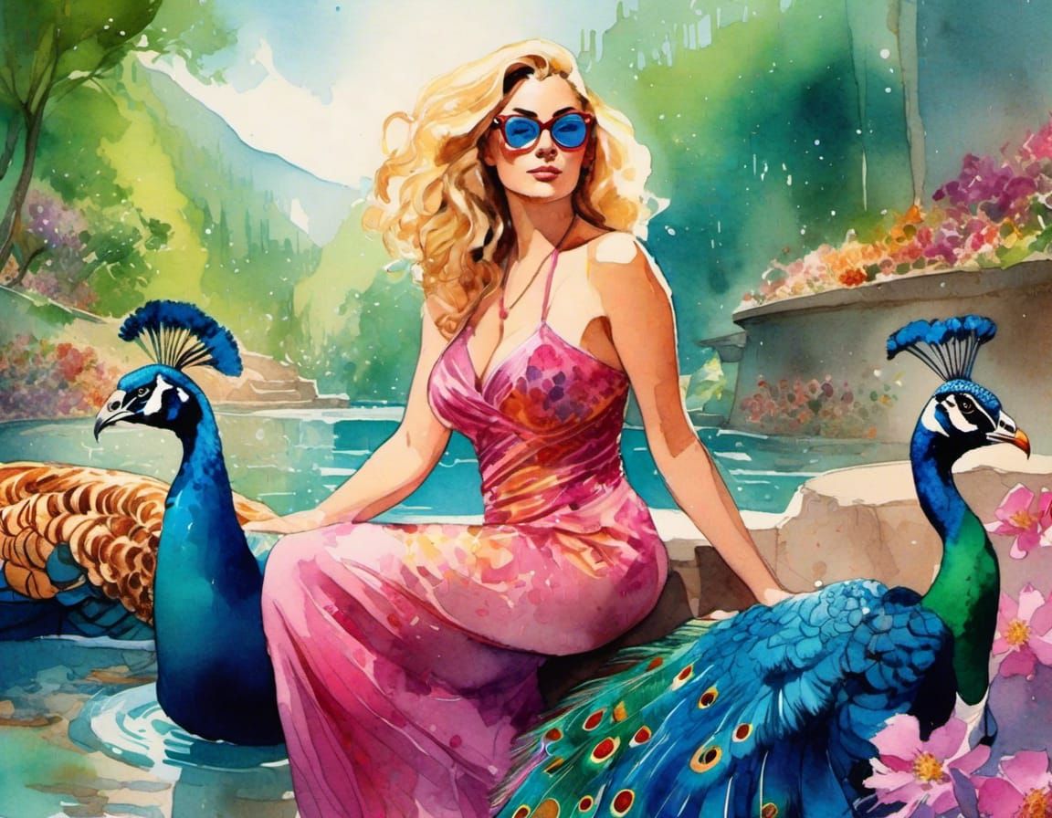 Renaissance Woman in Paradise with Peacocks